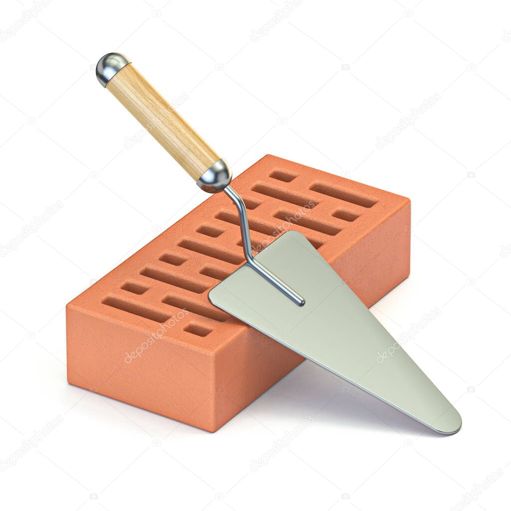 Trowel and brick 3D render illustration isolated on white background
