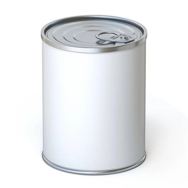 带有白色标签的食品金属罐3D渲染图解 在白色背景下分离 — 图库照片
