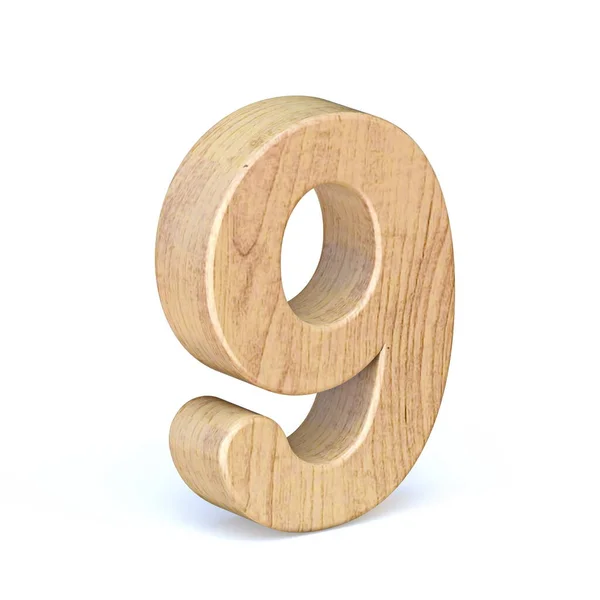 四舍五入的木制字体编号9 Nine 3D渲染图形孤立在白色背景 — 图库照片