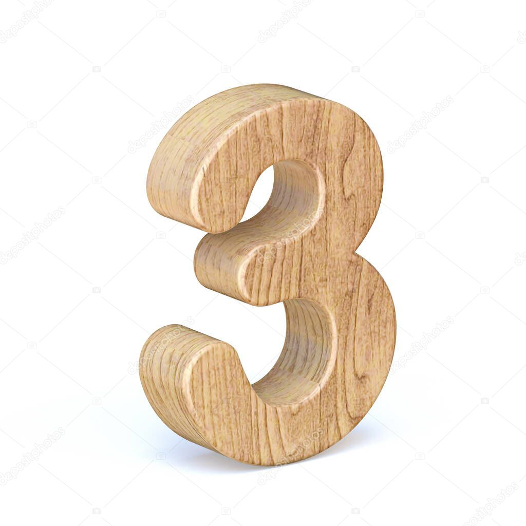 Rounded wooden font Number 3 THREE 3D render illustration isolated on white background