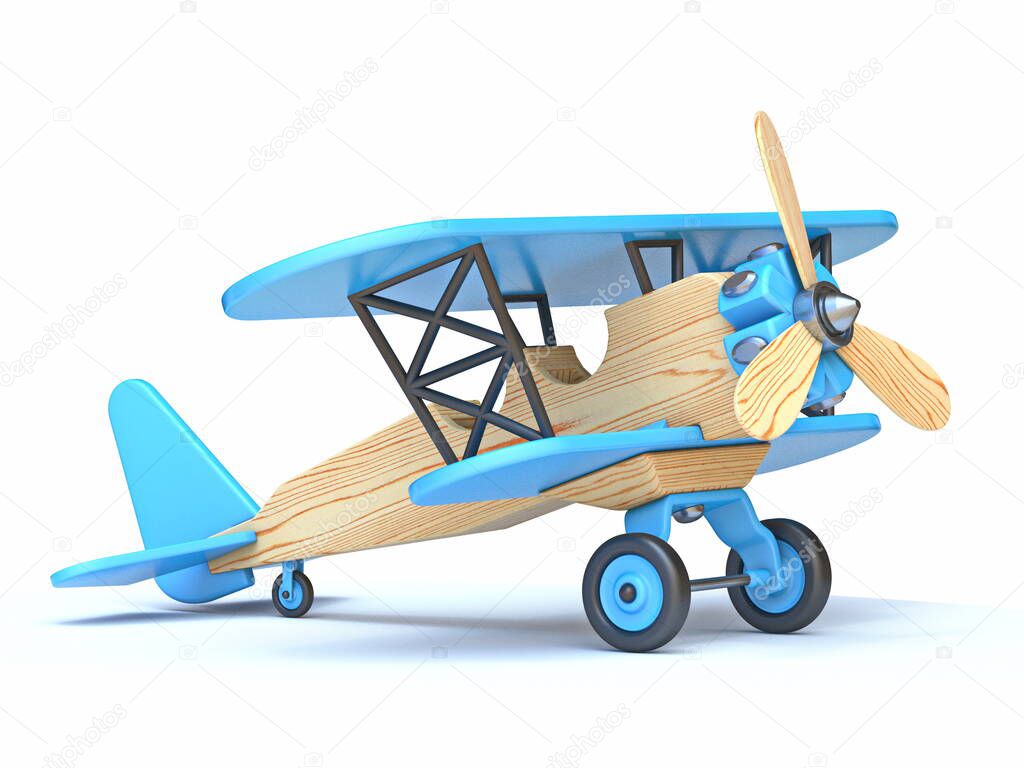 Wooden airplane toy 3D render illustration isolated on white background