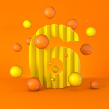 Warm minimal yellow sparkling font Number 6 SIX  3D render illustration isolated on orange background clipart