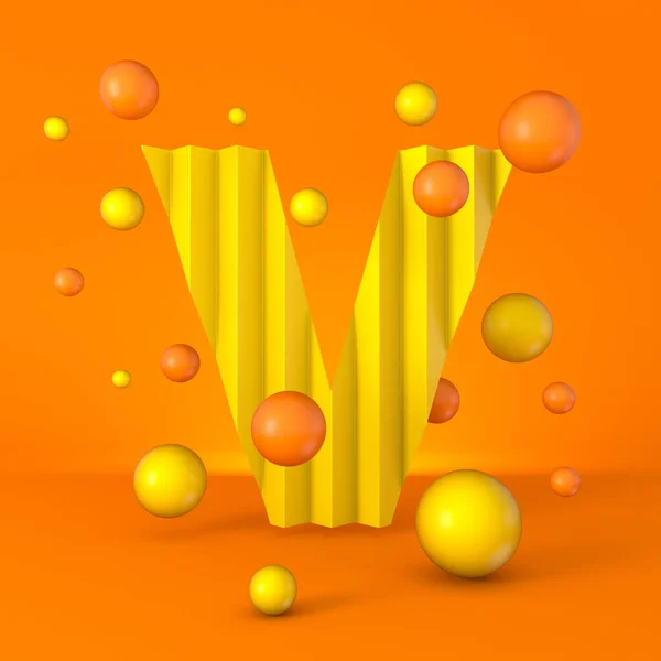 暖かい最小限の黄色の輝くフォントレターV 3Dレンダリングイラストをオレンジの背景に分離 — ストック写真