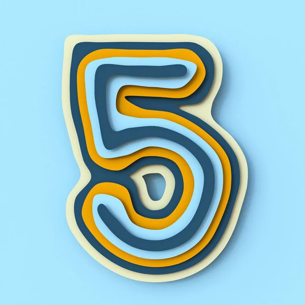 カラフルな紙のレイヤーフォント5番青の背景に隔離された5つの3Dレンダリングイラスト — ストック写真