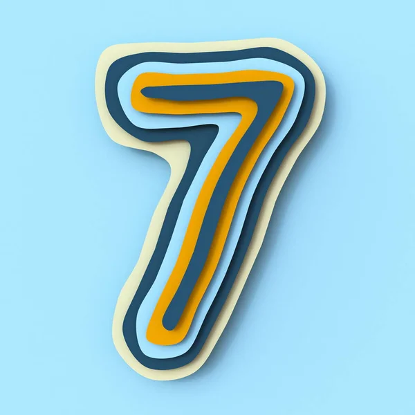 カラフルな紙のレイヤーフォント7番青の背景に隔離された7つの3Dレンダリングイラスト — ストック写真