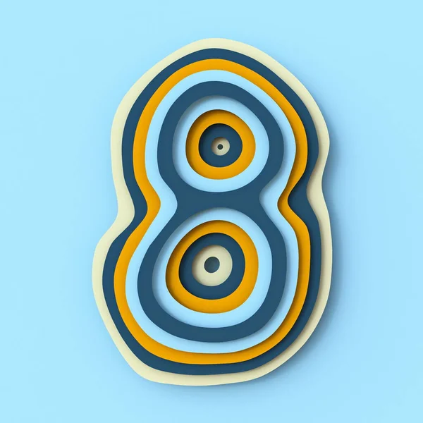 カラフルな紙の層のフォント番号8 8青の背景に隔離された3Dレンダリングイラスト — ストック写真