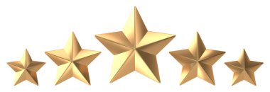 Beyaz arkaplanda izole edilmiş beş altın yıldız 3D görüntüleme