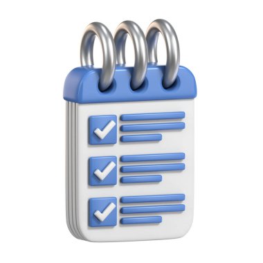 Kontrol listesi konsepti için kağıt panosu 3B görüntüleme resmi beyaz arkaplanda izole edildi