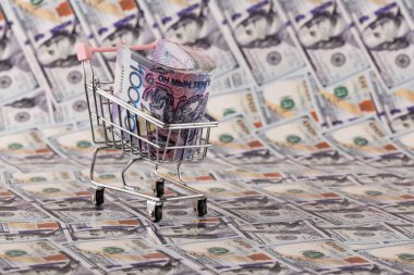 10.000 Kazakistan banknotuyla 100 ABD Doları 'nın arka planı karşı karşıya