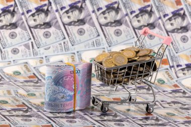 10000 Kazakistan banknotu ve 100 Amerikan dolarının arka planına karşılık 100 onluk sikke.