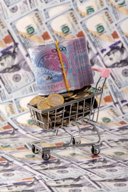 10000 Kazakistan banknotu ve 100 Amerikan dolarının arka planına karşılık 100 onluk sikke.