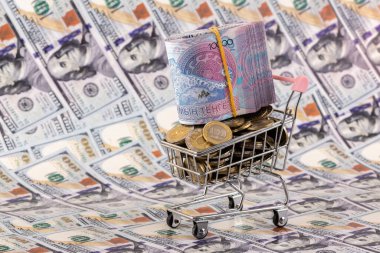 10000 Kazakistan banknotu ve 100 Amerikan dolarının arka planına karşılık 100 onluk sikke.