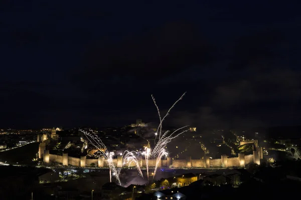 Nachtansichten Von Feuerwerk Der Stadt Avila Spanien Mittelalterliche Stadtmauer Perfekt — Stockfoto