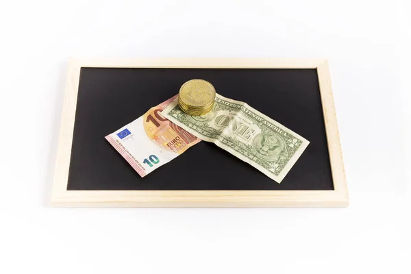 Several Bitcoin Gold Coins Few Dollar Euro Bills Black Chalkboard — Stock Photo, Image