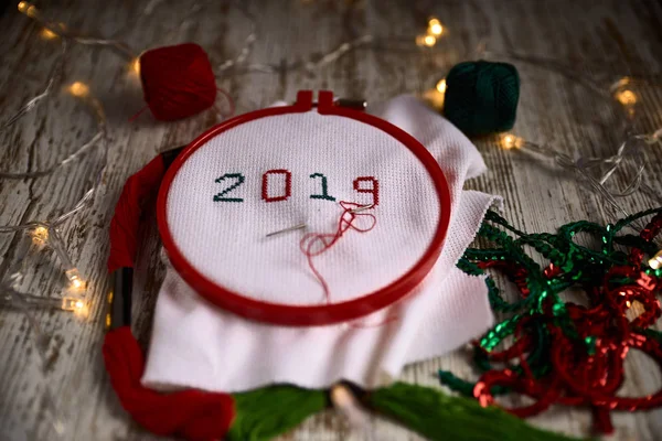 Sewing Hand White Taper New New Year 2019 Red Green — Stock Photo, Image