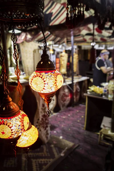 Beautiful Multicolored Arabic Lamps Glowing Night Market — Stock Photo, Image