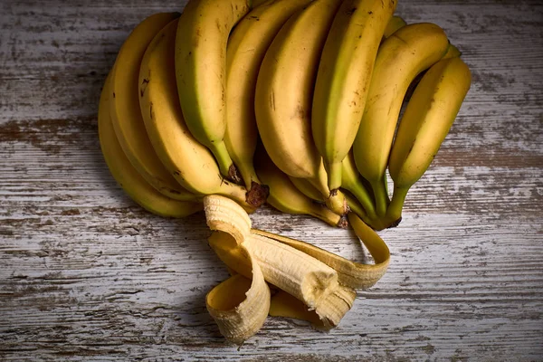 Bunch Tasty Ripe Yellow Bananas Light Wooden Board — Stock Photo, Image