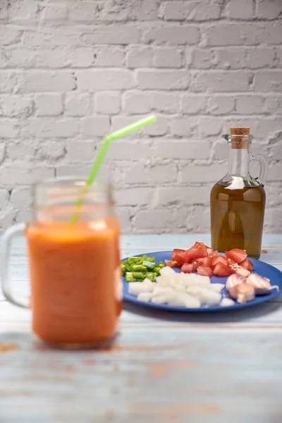 View of a fresh pitcher of red gazpacho — Stock Image View of a fresh pitcher of red gazpacho Stock Picture