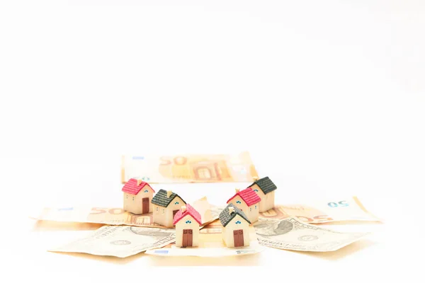 Case Miniatura Banconote Euro Dollari Business Concept Vendita Casa — Foto Stock