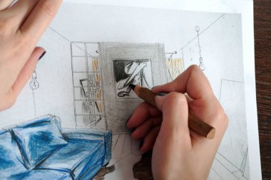 Anahat çizimler mutfak tasarım tasarım için her şeyi kurşun kalemle çizilir. Güzel, tuğla duvarlar.