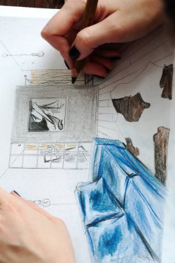 Anahat çizimler mutfak tasarım tasarım için her şeyi kurşun kalemle çizilir. Güzel, tuğla duvarlar.