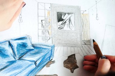 Anahat çizimler mutfak tasarım tasarım için her şeyi kurşun kalemle çizilir. Güzel, tuğla duvarlar.