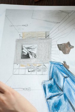 Anahat çizimler mutfak tasarım tasarım için her şeyi kurşun kalemle çizilir. Güzel, tuğla duvarlar.