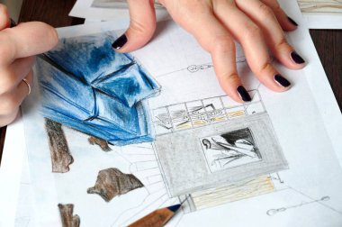 Anahat çizimler mutfak tasarım tasarım için her şeyi kurşun kalemle çizilir. Güzel, tuğla duvarlar.