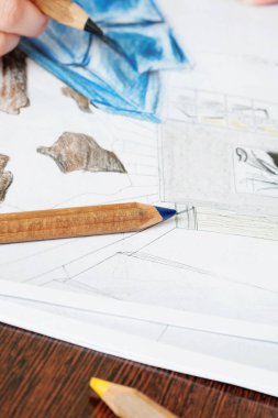 Anahat çizimler mutfak tasarım tasarım için her şeyi kurşun kalemle çizilir. Güzel, tuğla duvarlar.