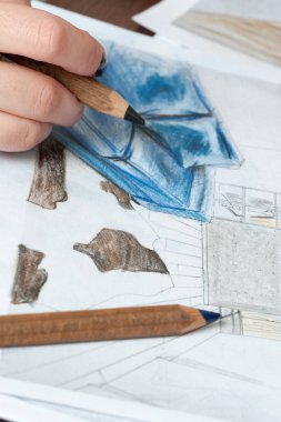 Anahat çizimler mutfak tasarım tasarım için her şeyi kurşun kalemle çizilir. Güzel, tuğla duvarlar.