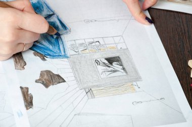 Anahat çizimler mutfak tasarım tasarım için her şeyi kurşun kalemle çizilir. Güzel, tuğla duvarlar.