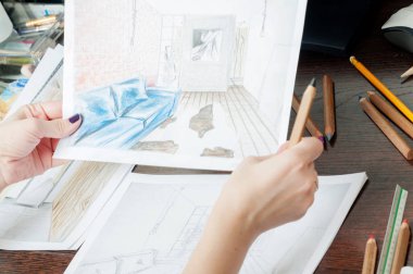 Anahat çizimler mutfak tasarım tasarım için her şeyi kurşun kalemle çizilir. Güzel, tuğla duvarlar.