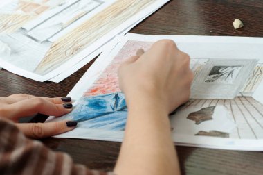 Anahat çizimler mutfak tasarım tasarım için her şeyi kurşun kalemle çizilir. Güzel, tuğla duvarlar.