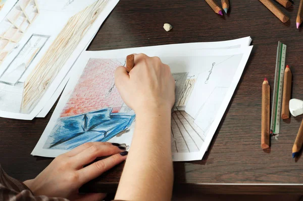 Outline drawings for the design of the kitchen design, everything is drawn in pencil. Beautiful, brick walls.