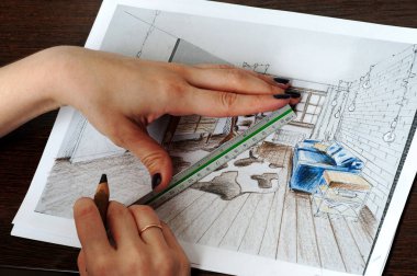 Anahat çizimler mutfak tasarım tasarım için her şeyi kurşun kalemle çizilir. Güzel, tuğla duvarlar.