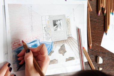 Anahat çizimler mutfak tasarım tasarım için her şeyi kurşun kalemle çizilir. Güzel, tuğla duvarlar.