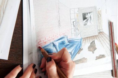 Anahat çizimler mutfak tasarım tasarım için her şeyi kurşun kalemle çizilir. Güzel, tuğla duvarlar.