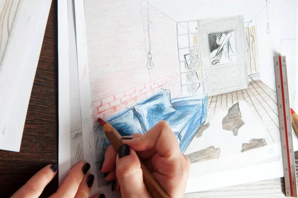 Anahat çizimler mutfak tasarım tasarım için her şeyi kurşun kalemle çizilir. Güzel, tuğla duvarlar.