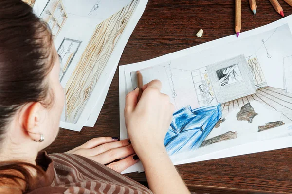 Anahat çizimler mutfak tasarım tasarım için her şeyi kurşun kalemle çizilir. Güzel, tuğla duvarlar.