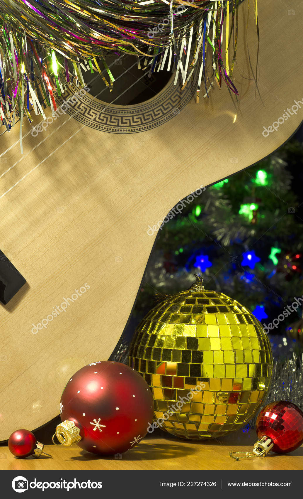Christmas Still Life Image Acoustic Guitar Christmas Decorations