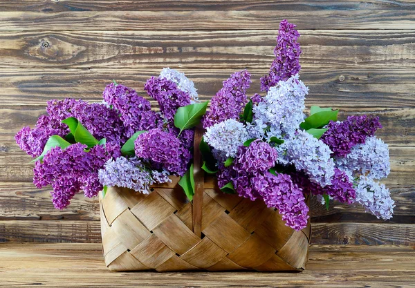 Still Life Form Large Bouquet Purple Lilac Branches Wicker Basket — Stock Photo, Image