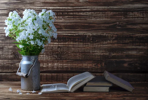 image of still life in the form of a bouquet of white Phlox flower and old antique books close-up in a vase vintage old metal can on the background of a wooden shield in the summer