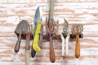 Vintage paslı eski Bahçe aletleri komisyon ayarla, makası, kürek, gördüm, kırpma makasları, bir delik ve bir kordon ahşap tahta kahverengi yakın çekim odasında üzerinde komisyon dişlerde asmak için uyarlanmıştır. Dikey görüntü, alttan görünüm.