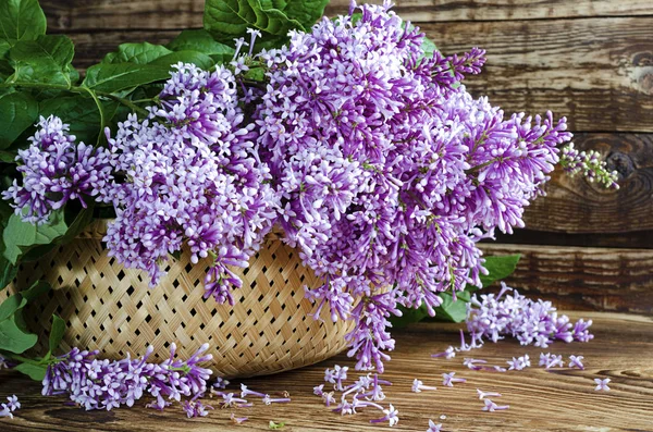 Still Life Fragment Large Bouquet Purple Lilac Branches Woven Oval — Stock Photo, Image