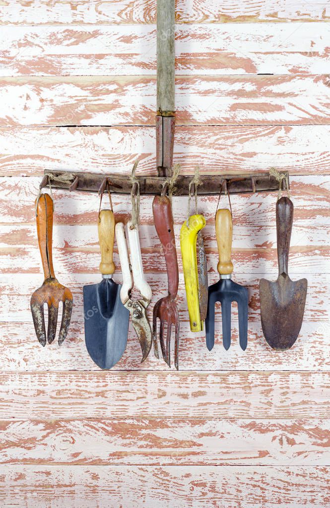 A set of rusty old garden tools rake, scissors, shovel, saw, pruners, hole adapted to hang on the rake teeth on a wooden Board brown close-up indoors. Vertical shot.