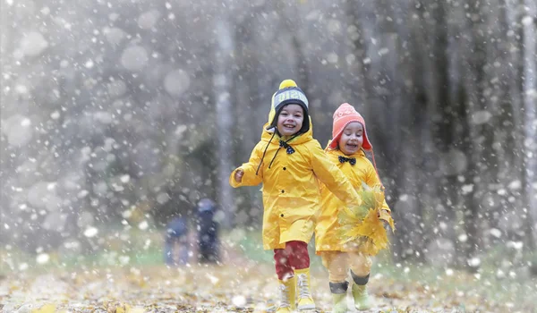 Los niños pequeños en un paseo por el parque de otoño. La primera helada y la primera — Foto de Stock