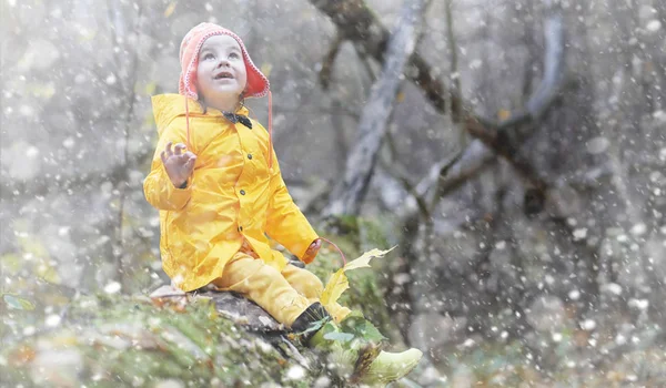 Los niños pequeños en un paseo por el parque de otoño. La primera helada y la primera —  Fotos de Stock