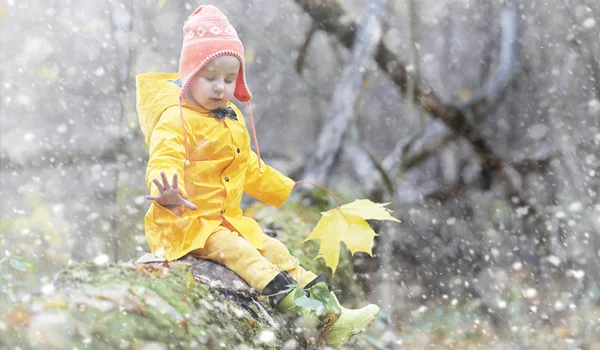 Sonbahar parkta bir yürüyüş üzerinde küçük çocuklar. İlk frost ve ilk — Stok fotoğraf