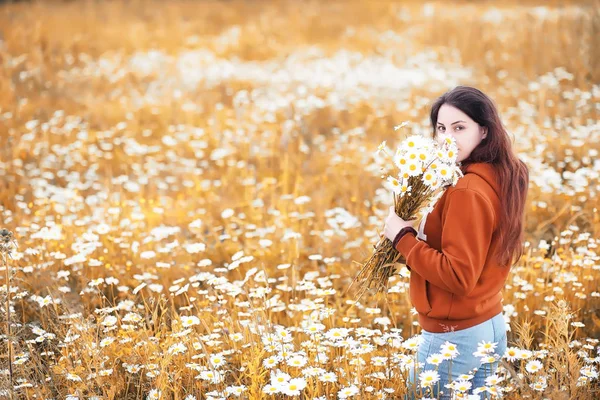 Schönes Mädchen sammelt Gänseblümchen im Herbst — Stockfoto