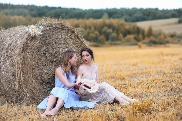Dos chicas en vestidos en el campo de otoño — Foto de Stock